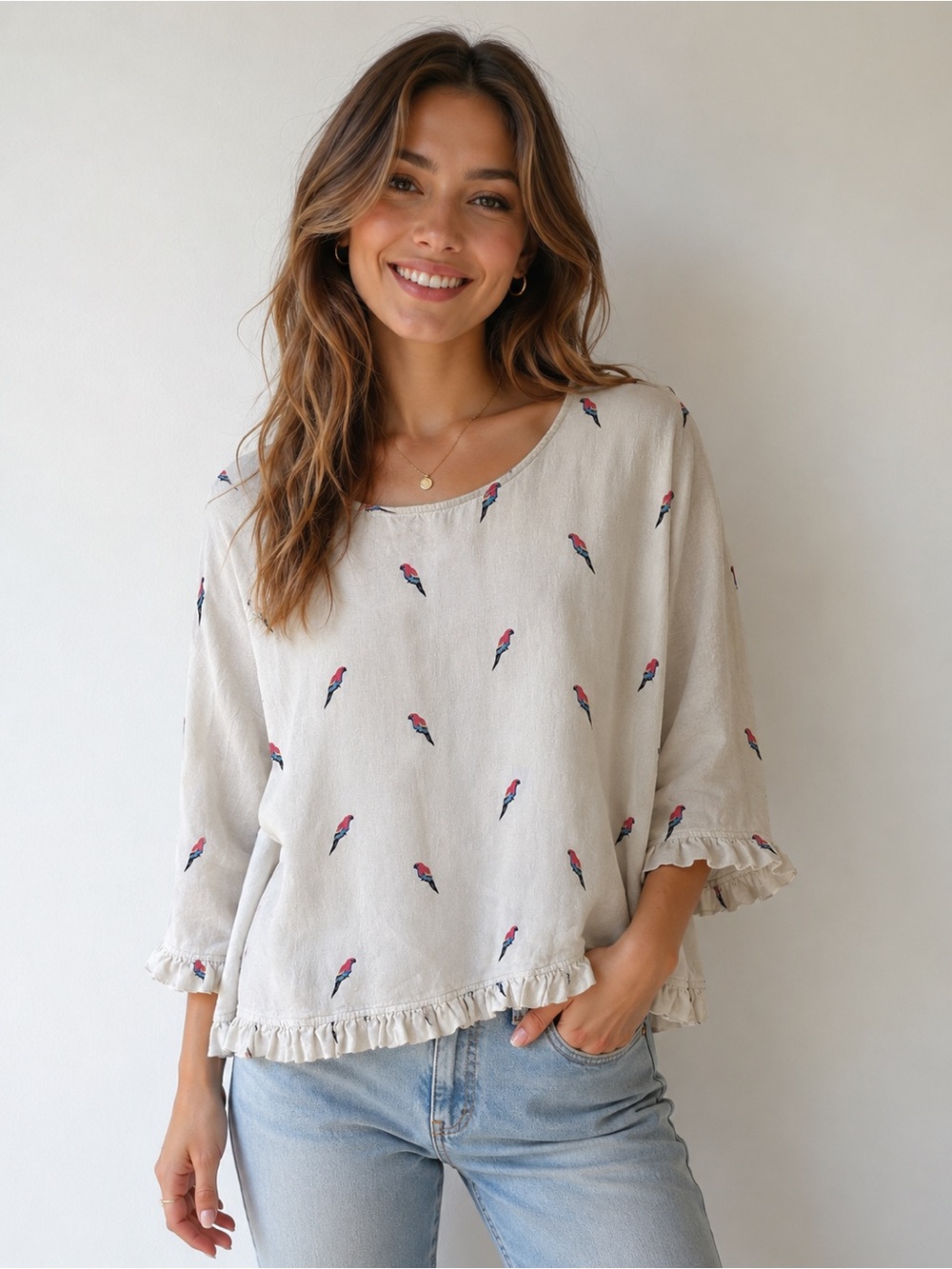 C&C California Linen Blend Blouse Shirt Top Flamingo Ruffle Bird Women’s S